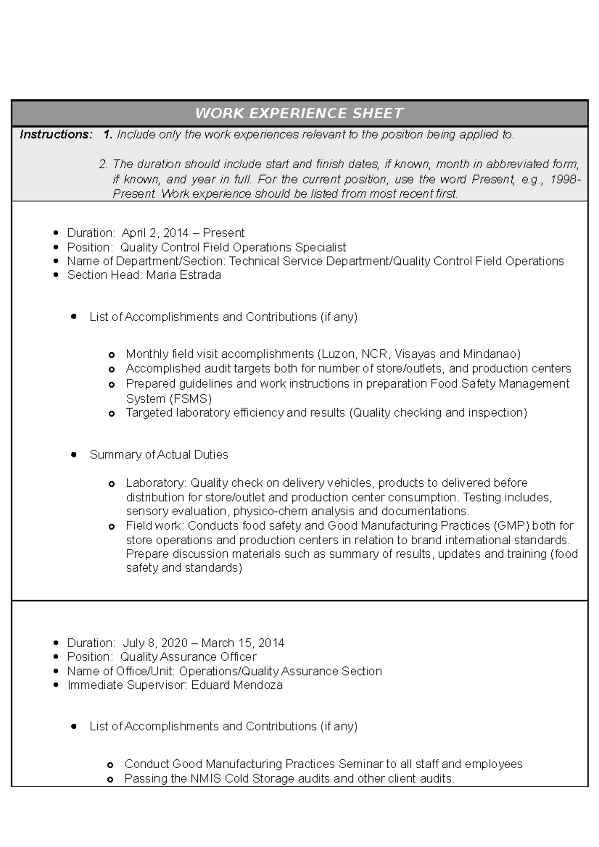 CS-Form-No - CSC FORM - WORK EXPERIENCE SHEET Instructions: 1. Include ...