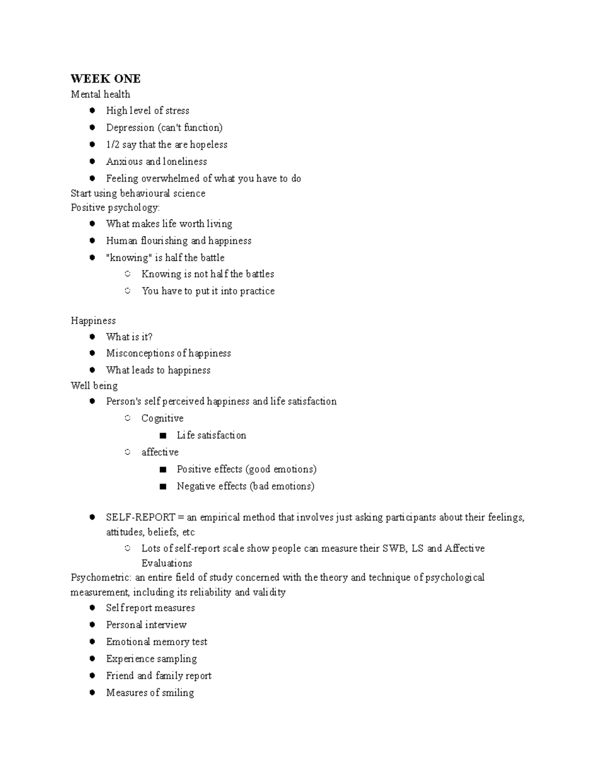 Psychology WEEK 1-7 - Lecture Notes 1-7 - WEEK ONE Mental Health High ...