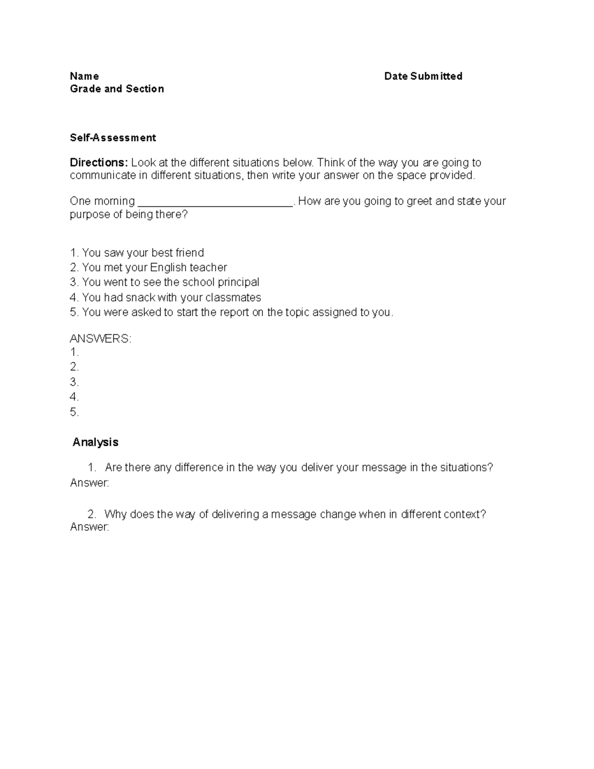 Written Task for Oral Communication - Name Date Submitted Grade and ...