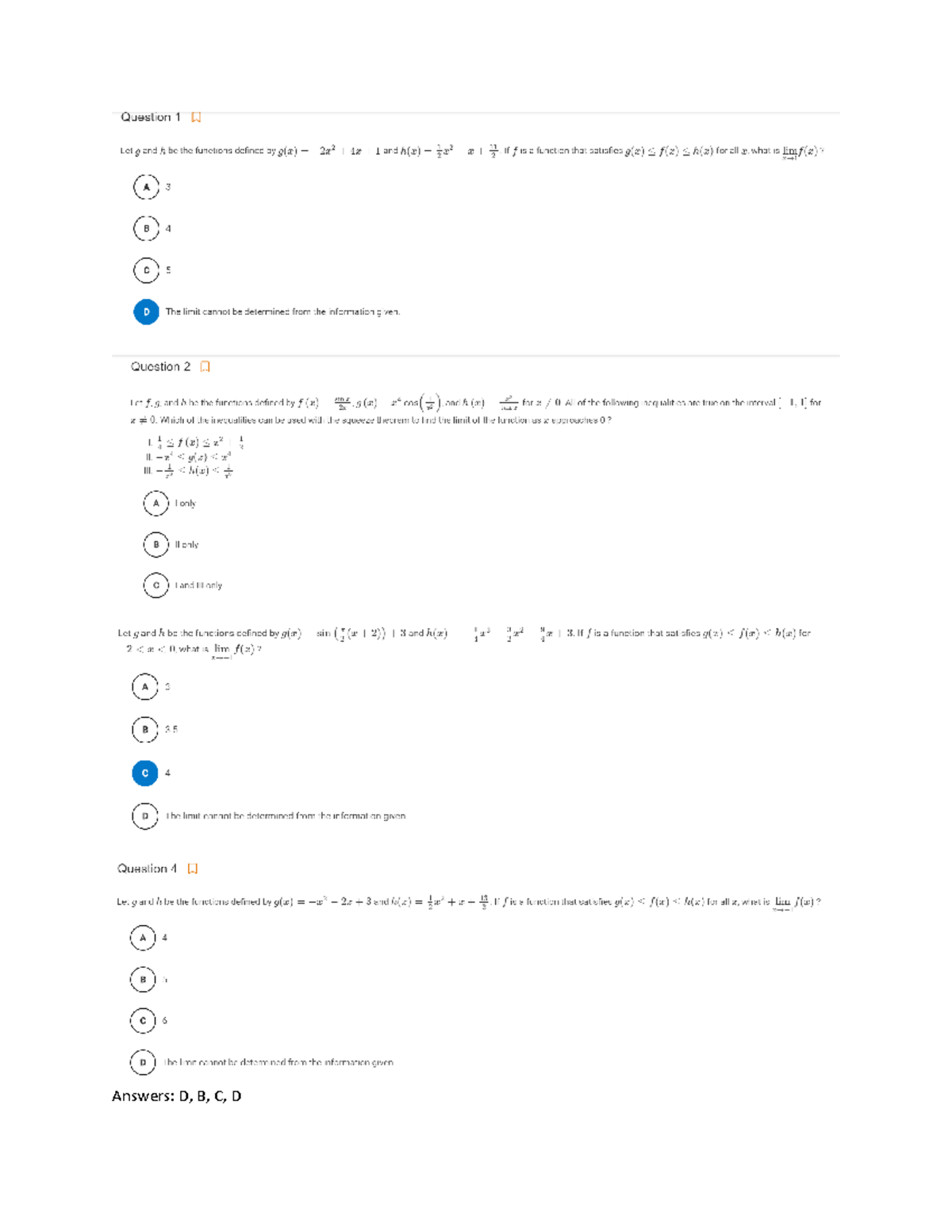 Calculus BC AP Classroom Problems - Answers: D, B, C, D - Studocu