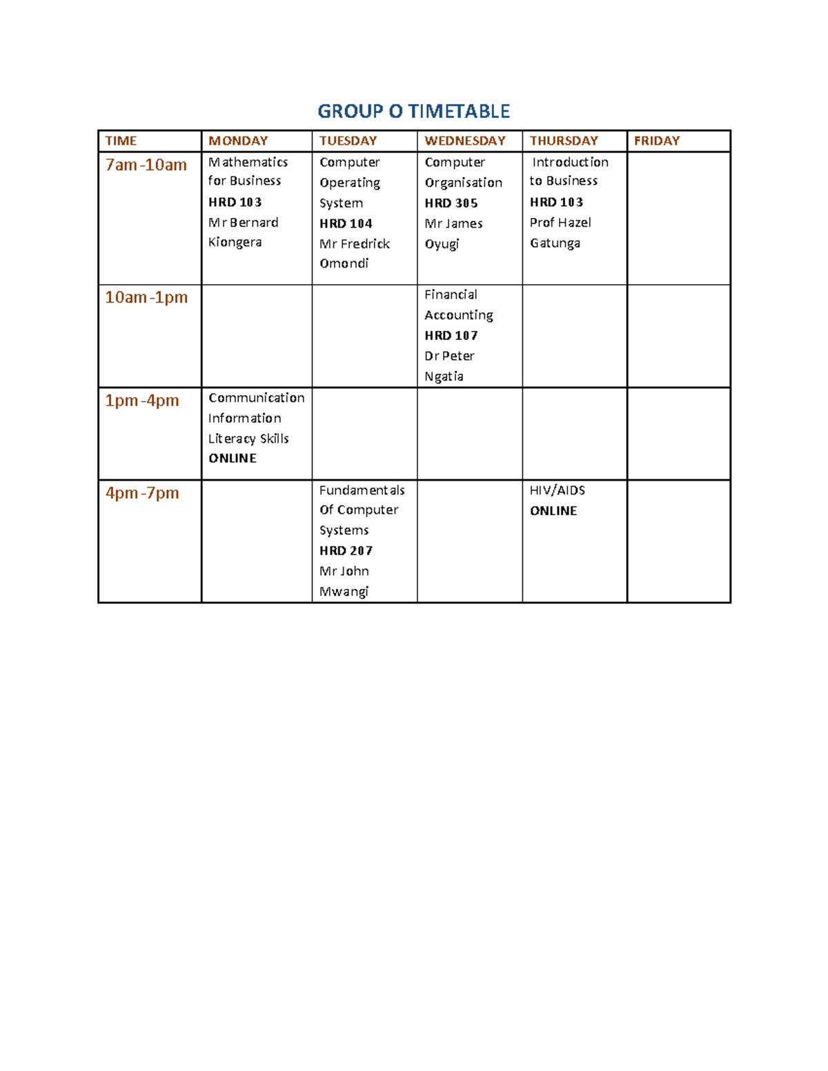 Group O Timetable - GROUP O TIMETABLE TIME MONDAY TUESDAY WEDNESDAY ...