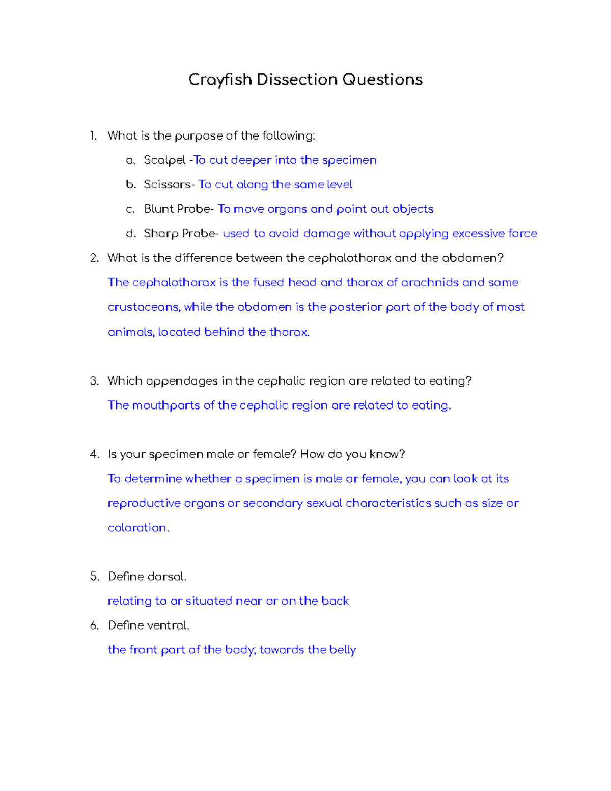 Copy of Crayfish Dissection Questions Crayfish Dissection Questions