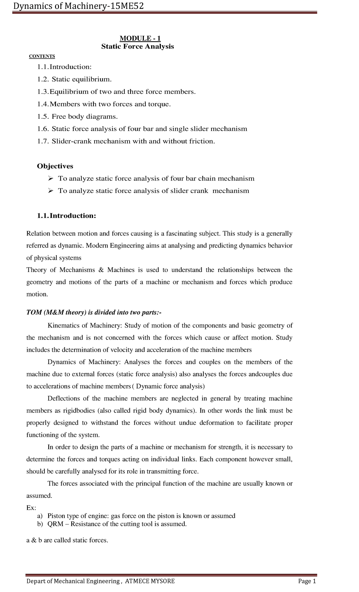 1 - 123 - MODULE - 1 Static Force Analysis CONTENTS Introduction ...