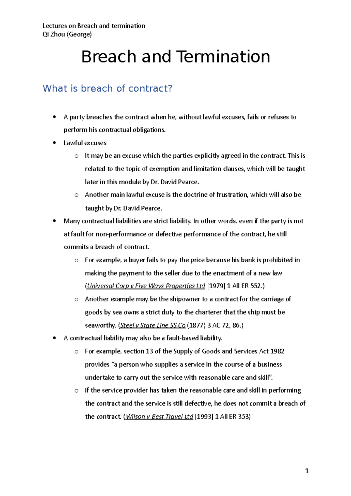 Breach And Termination Handout - Qi Zhou (George) Breach And ...