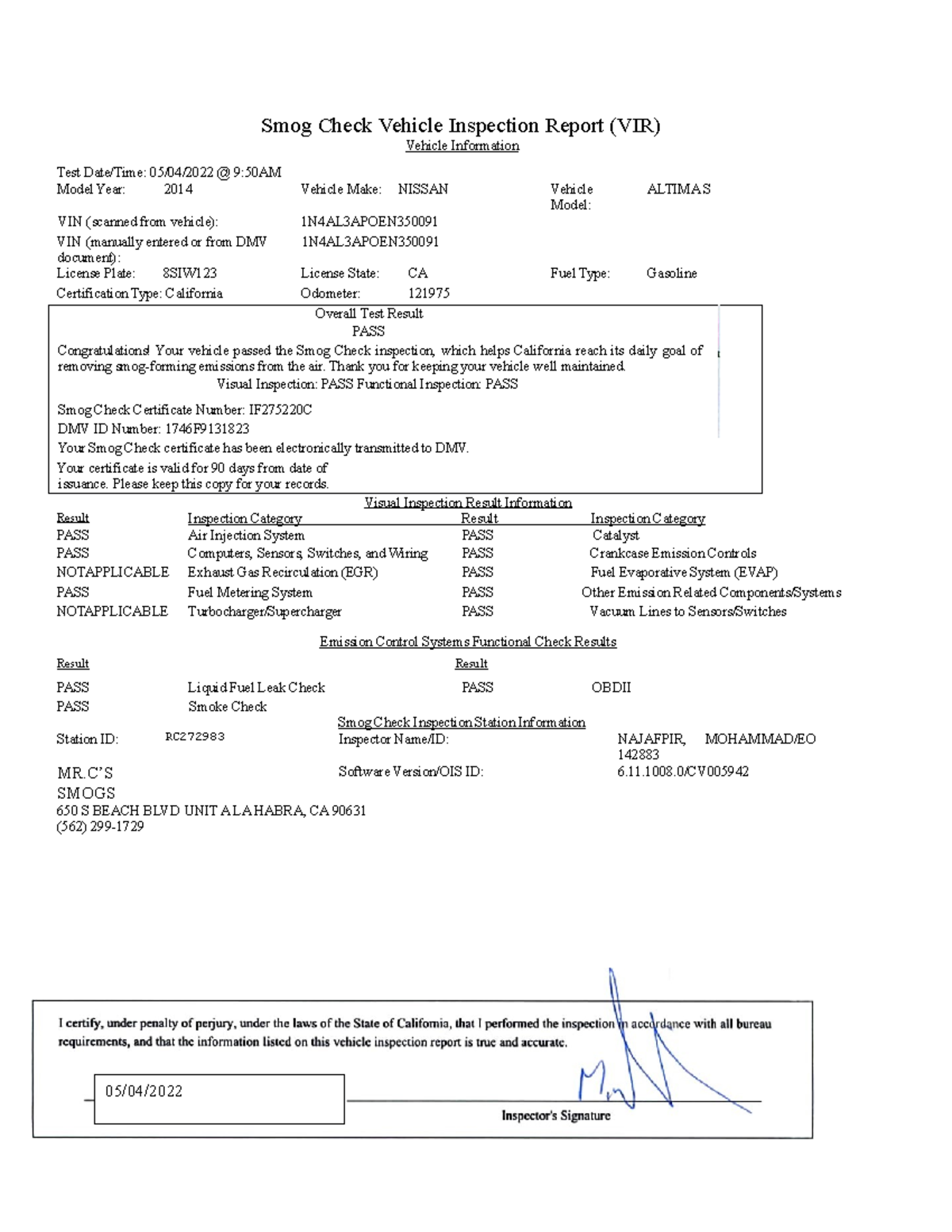 2019 0504 AAA Smog Check Passed Smog Check Vehicle Inspection Report 