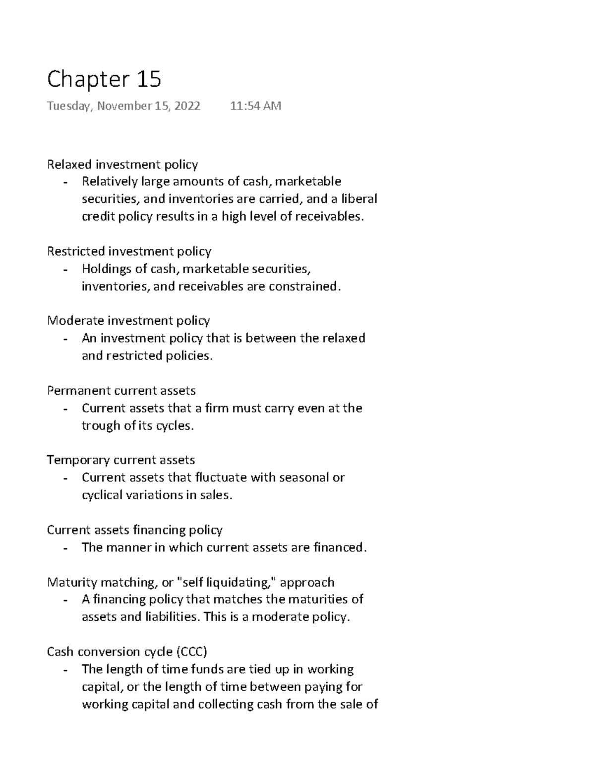 Chapter 15 Investment Policies, Financing Policies, Cash Conversion