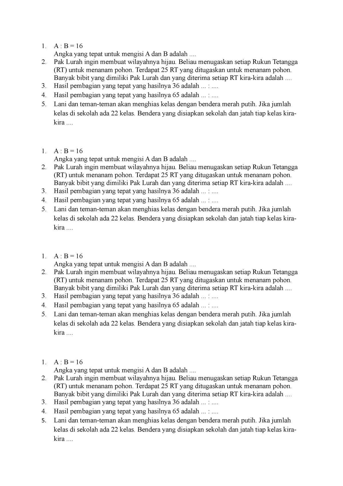 Latihan Matematika Pembagian - 1. A : B = 16 Angka Yang Tepat Untuk ...