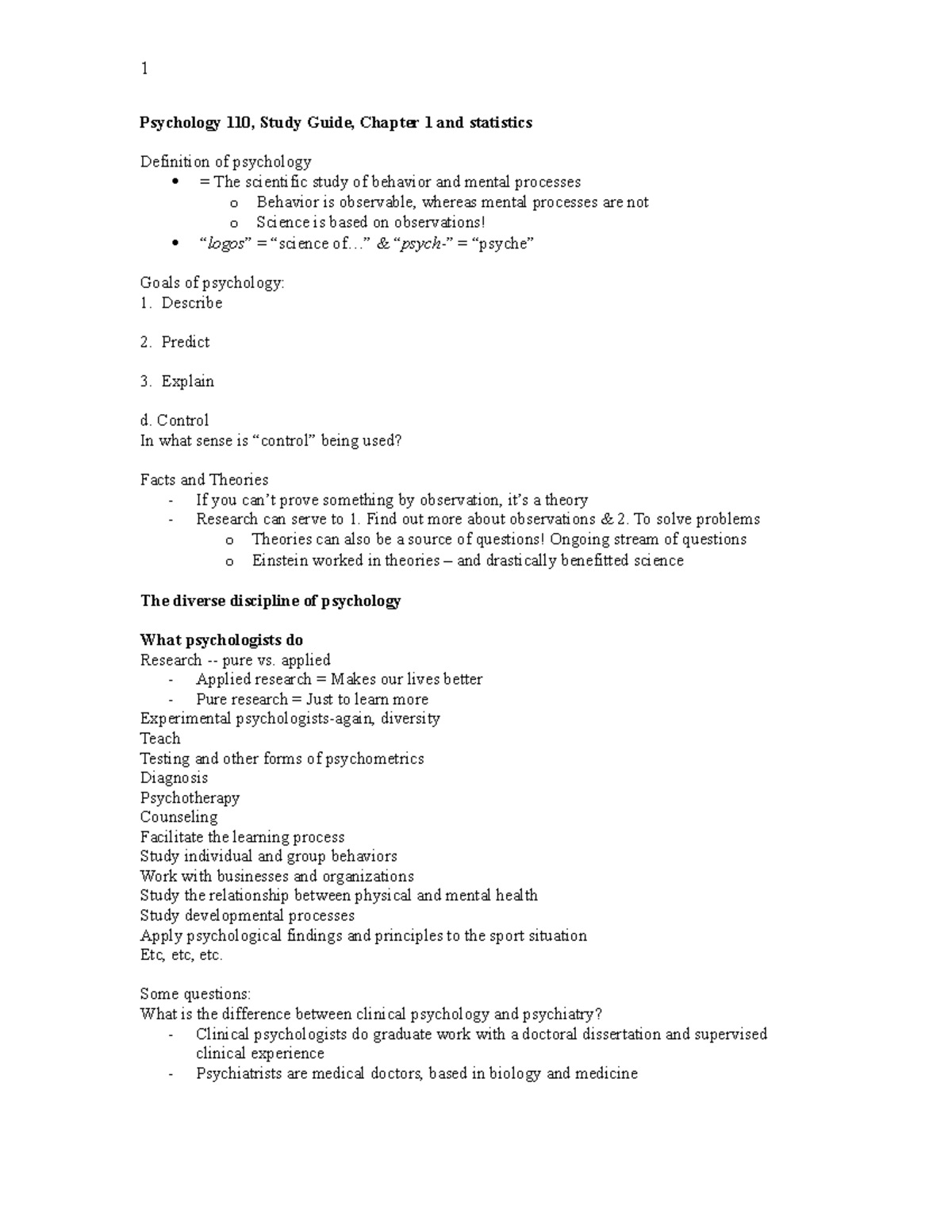 Psychology Chapter 1 Practice Questions & Key - Psychology 110, Study ...