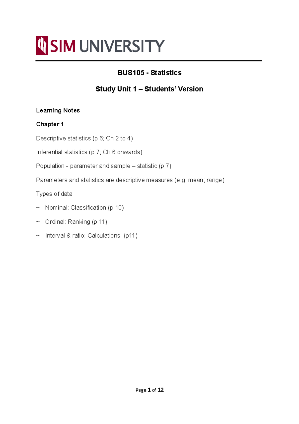 Learning Notes Activities SG1 student - BUS105 - Statistics Study Unit ...