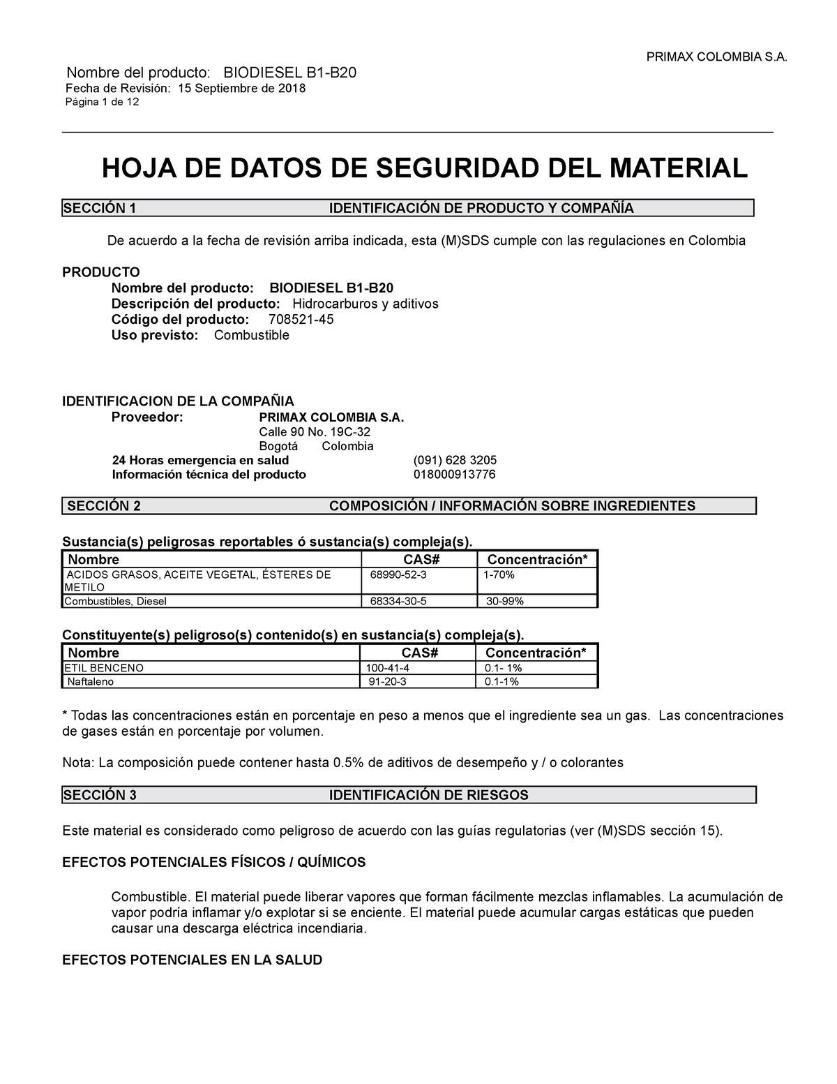 FDS B1 - B20 (Revisada) V2 - Nombre Del Producto: BIODIESEL B1-B Fecha ...