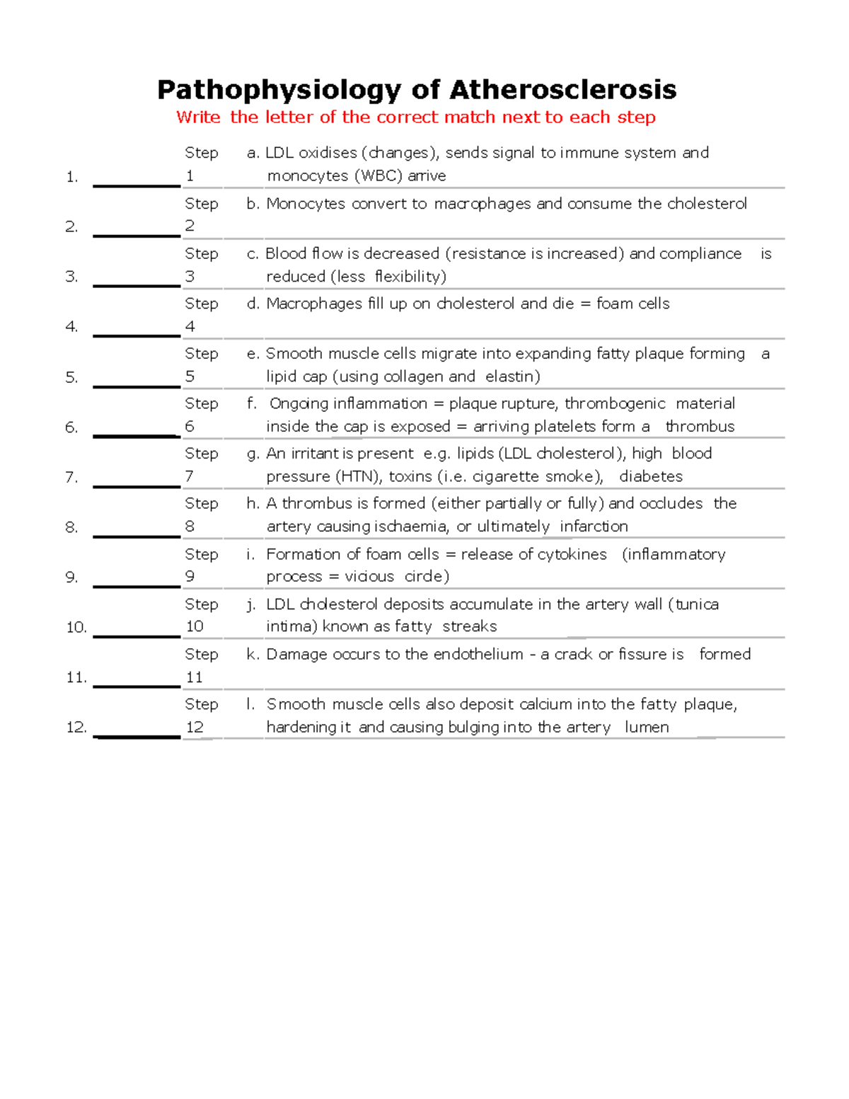Atherosclerosis worksheet - Pathophysiology of Atherosclerosis Write ...