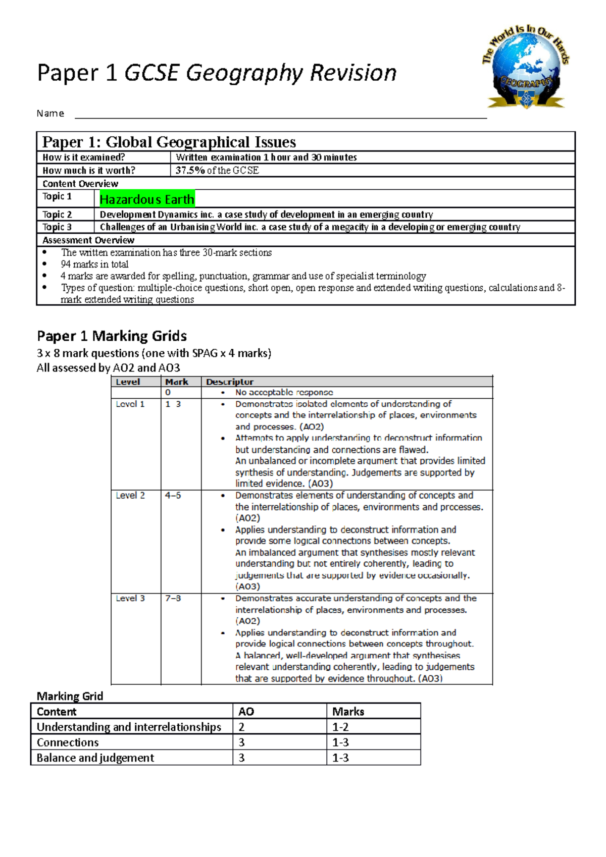 1a. Revision Hazardous Earth - Paper 1 GCSE Geography Revision Name ...