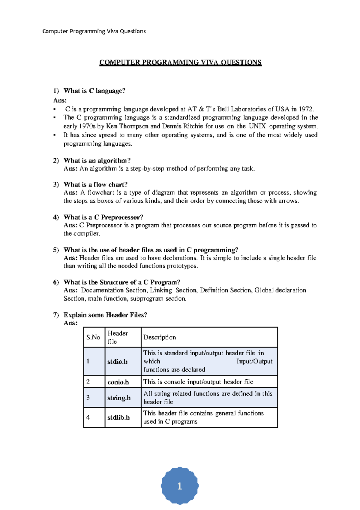 Viva Questions fdf COMPUTER PROGRAMMING VIVA QUESTIONS What is C language? Ans C is a Studocu