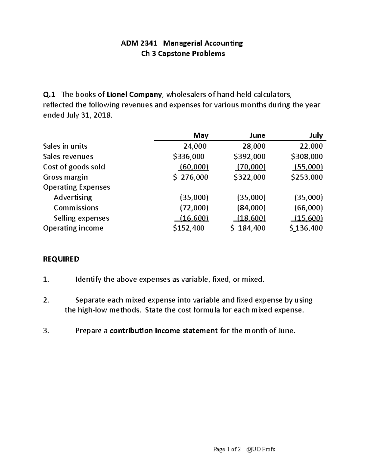 ADM2341 W20 Ch 3 Capstone - ADM 2341 Managerial Accounting Ch 3 ...
