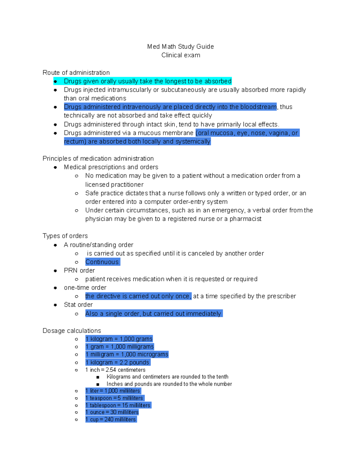 Med Math Study Guide - Med Math Study Guide Clinical exam Route of ...
