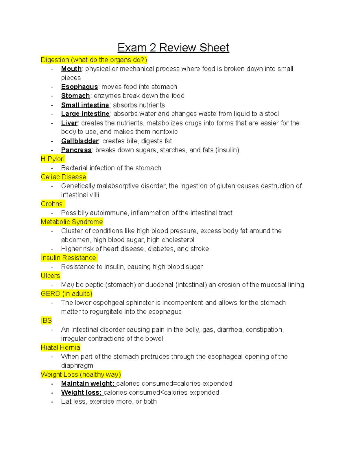 Nutrition Exam 2 Review Exam 2 Review Sheet Digestion (what do the