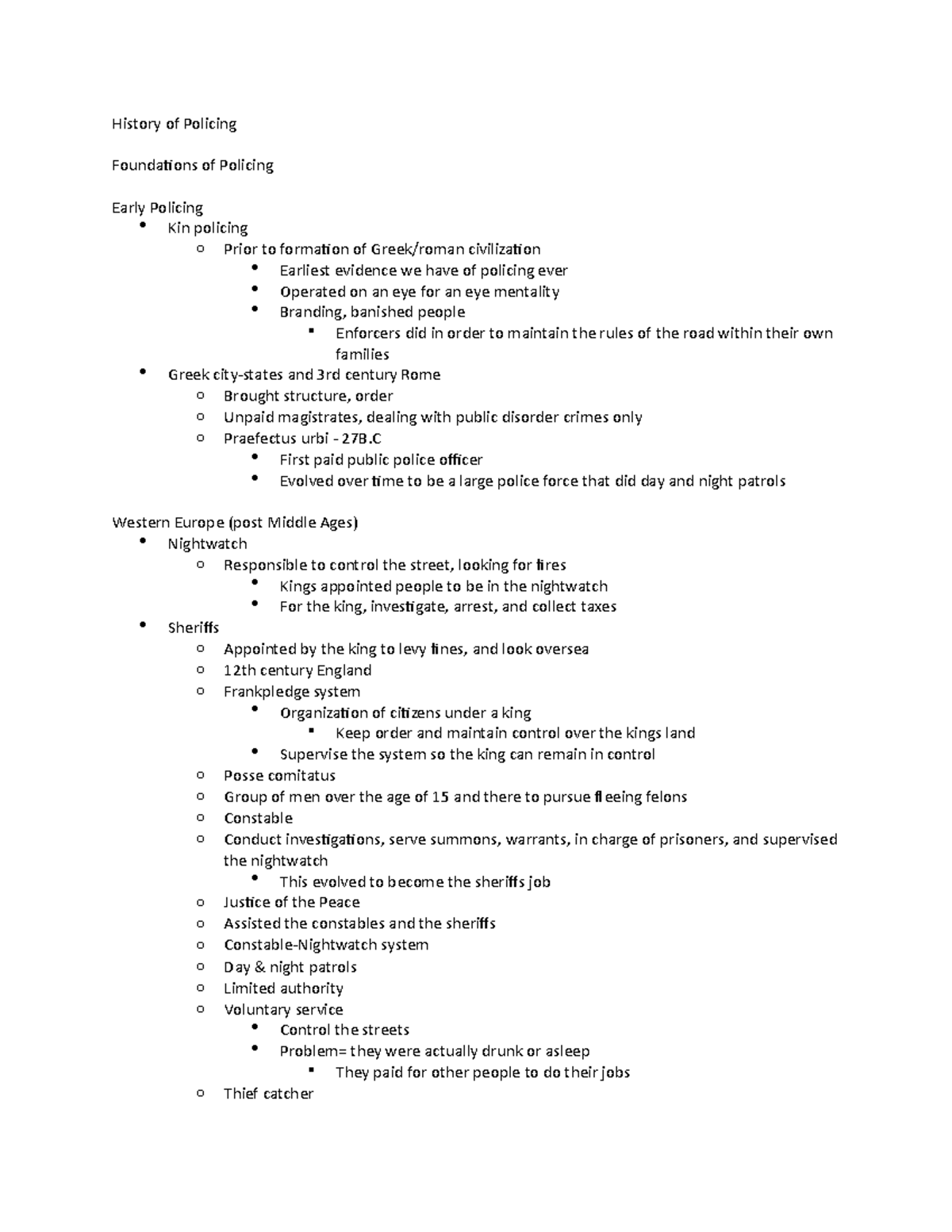 Policing Notes - History of Policing Foundations of Policing Early ...