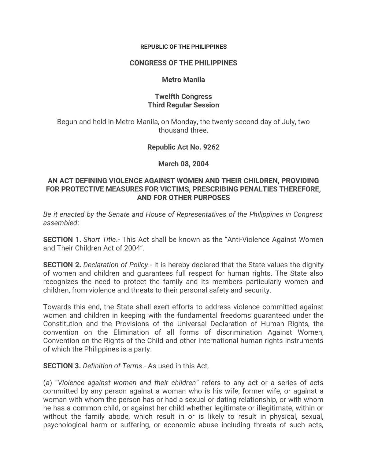 Republic Act 9262 Sec 1 To 3 - Republic Of The Philippines Congress Of 