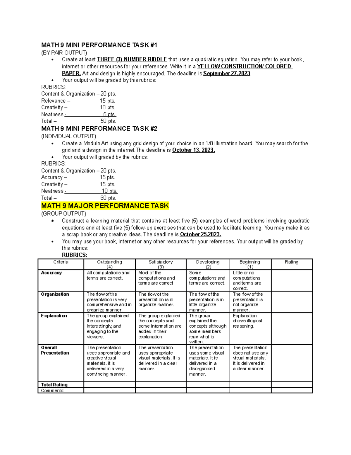 MATH 9 Performance TASK - MATH 9 MINI PERFORMANCE TASK (BY PAIR OUTPUT ...