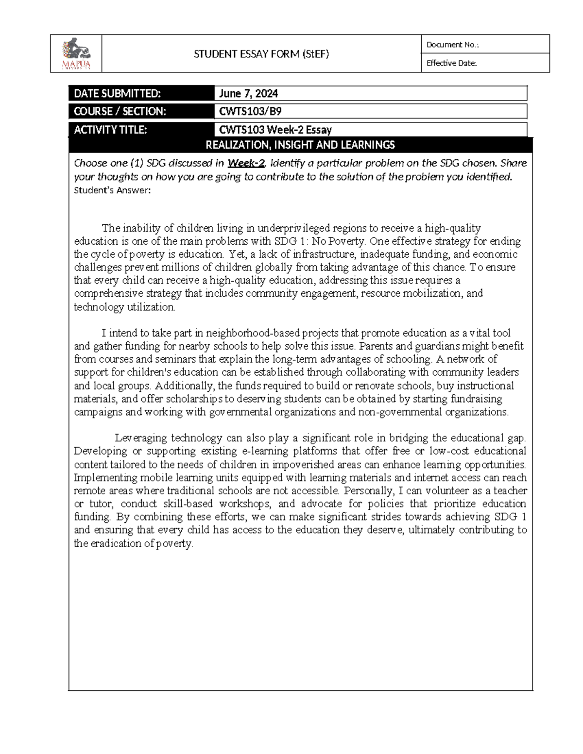 Form - CWTS103 Week-2 Essay 02MAY2022 - STUDENT ESSAY FORM (StEF ...