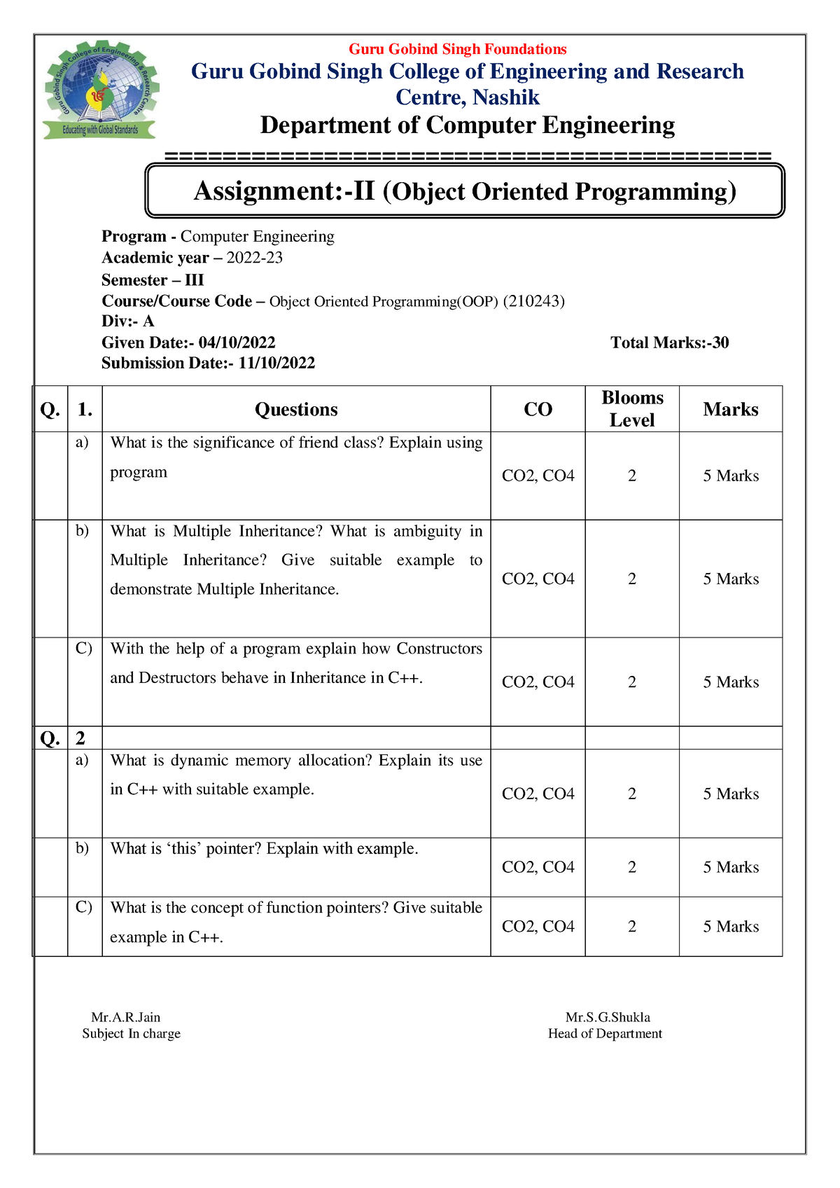 OOP Assignment2 A OOP Guru Gobind Singh Foundations Guru Gobind