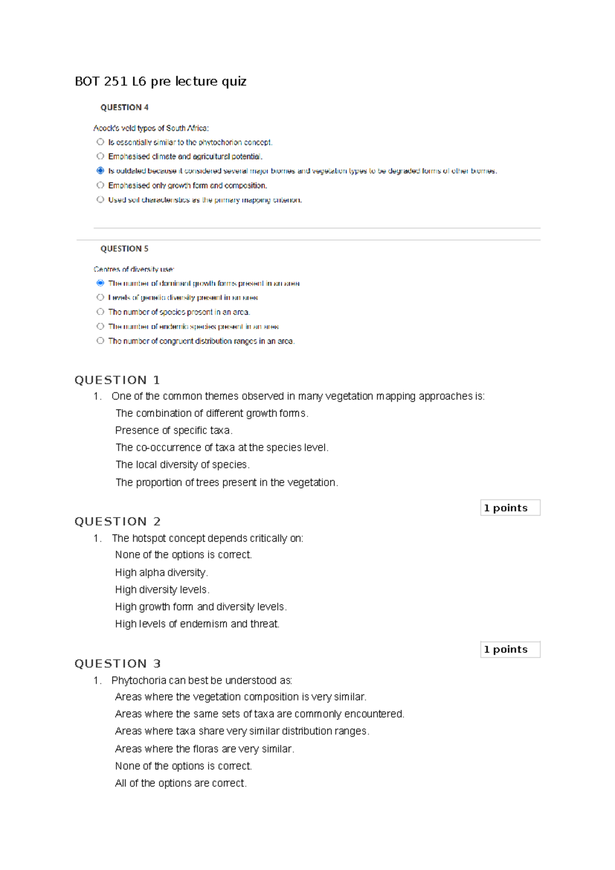 BOT 251 L6 pre lecture quiz - BOT 251 L6 pre lecture quiz Q U E S T I O ...