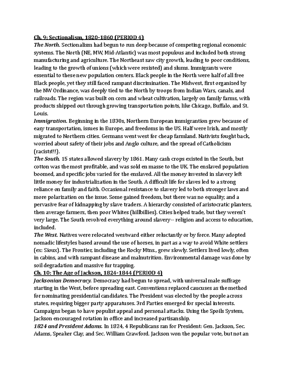 Chapter 9, 10, 11, 12 Ch. 9 Sectionalism, 18201860 (PERIOD 4) The