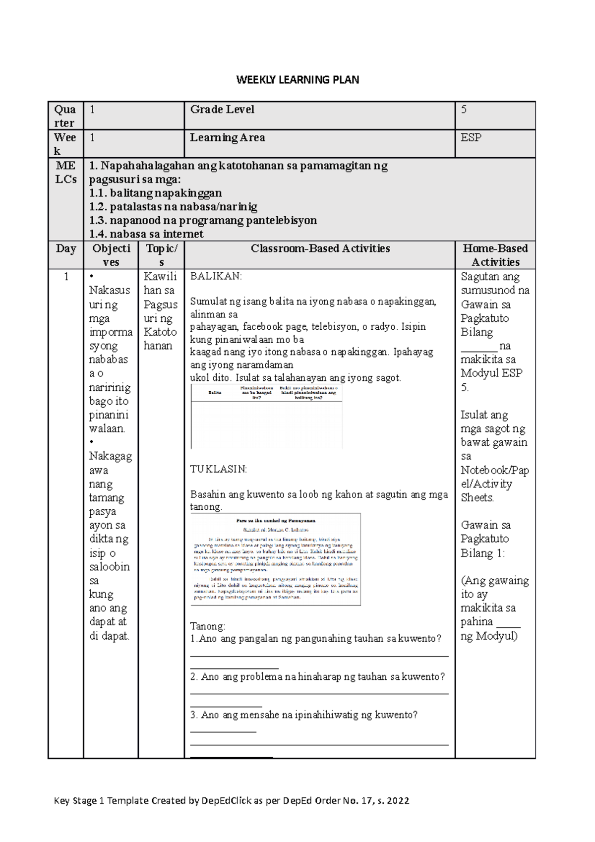 WLP Q1 W1 G5 - Dll - WEEKLY LEARNING PLAN Qua rter 1 Grade Level 5 Wee ...