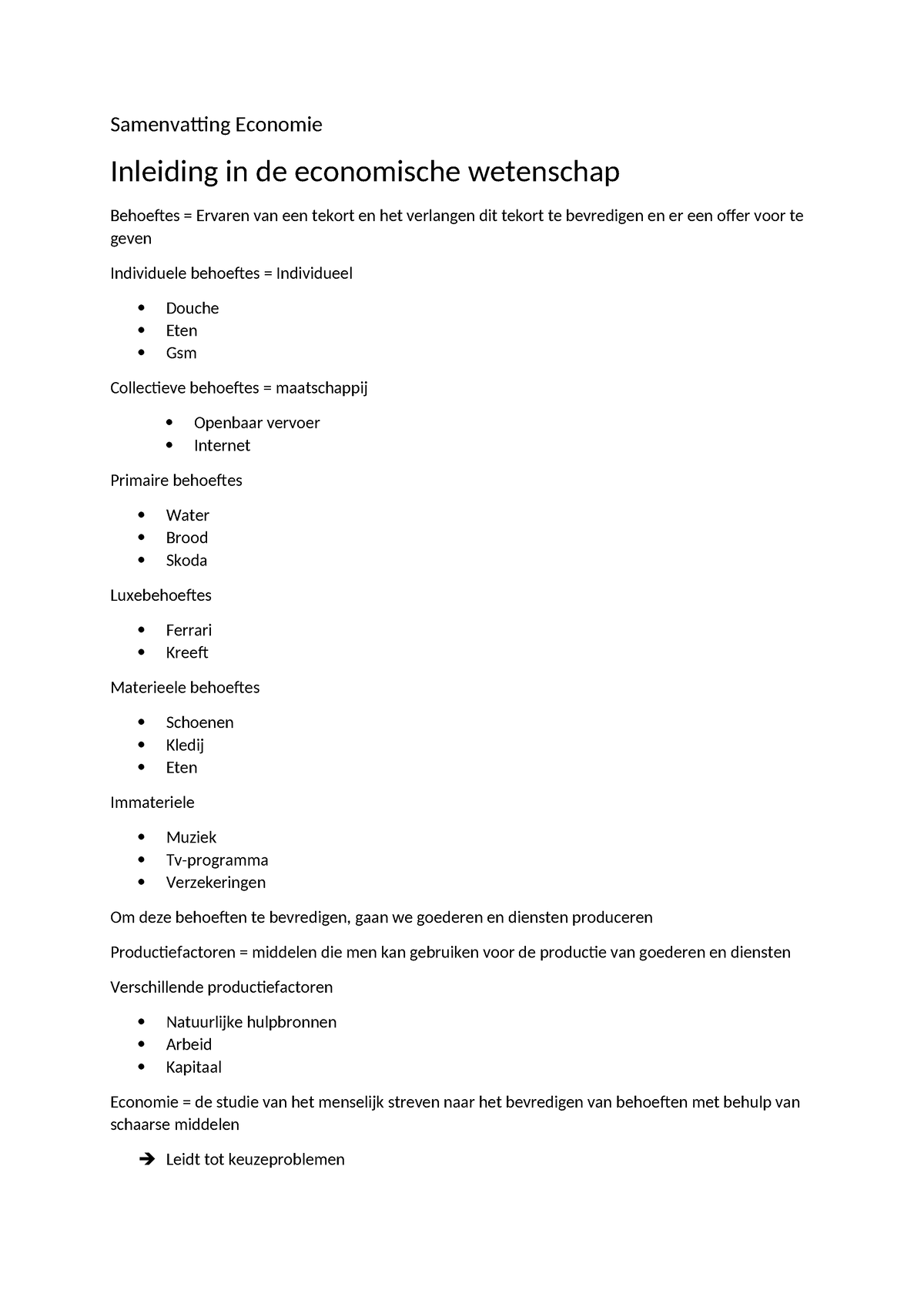 Eco kerst Samenvatting Economie Inleiding in de economische