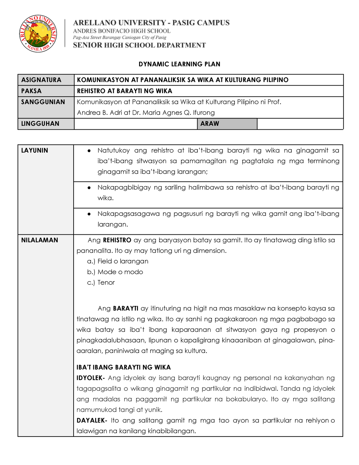 Aralin 11DLP Register AT Barayti NG WIKA  DYNAMIC LEARNING PLAN