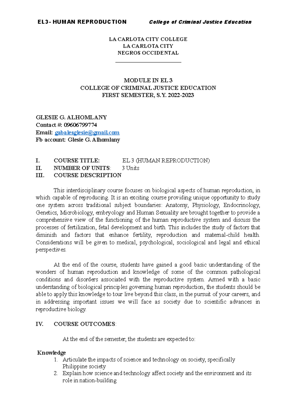 EL 3 Module - LEARNING MATERIAL IN HUMAN REPRODUCTION - LA CARLOTA CITY ...