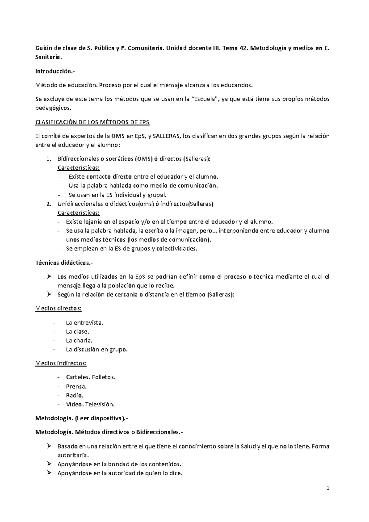 Guión de clase de S. Pública. Unidad III Tema 42 PDF - Guión de clase ...