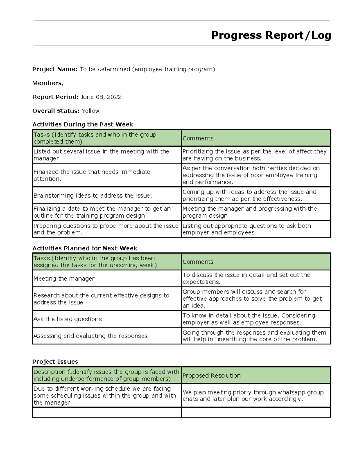 Progress log2 - Project log - Progress Report/Log Project Name: To be ...
