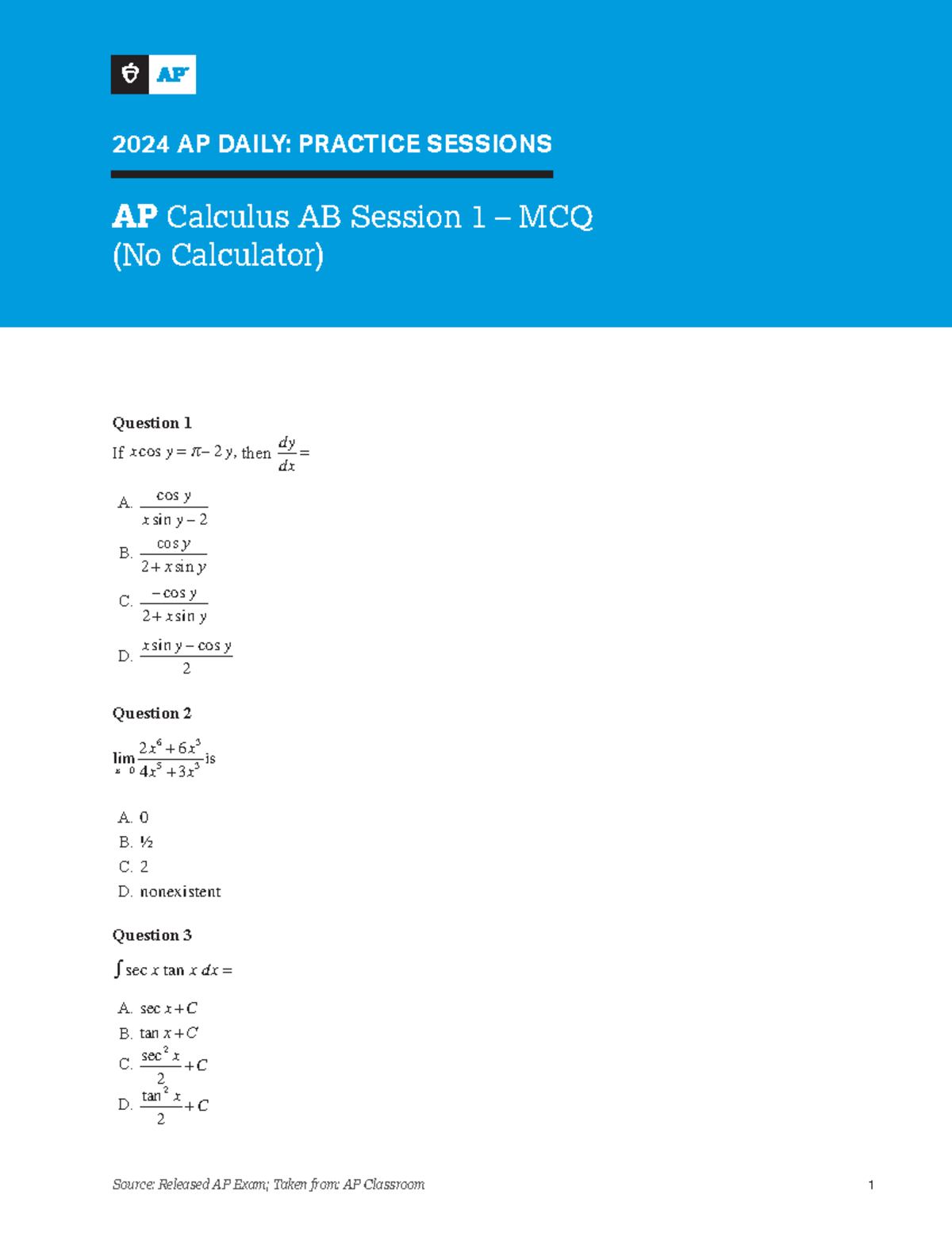 AP Calculus AB Session 1 Worksheet 2024 AP DAILY PRACTICE SESSIONS