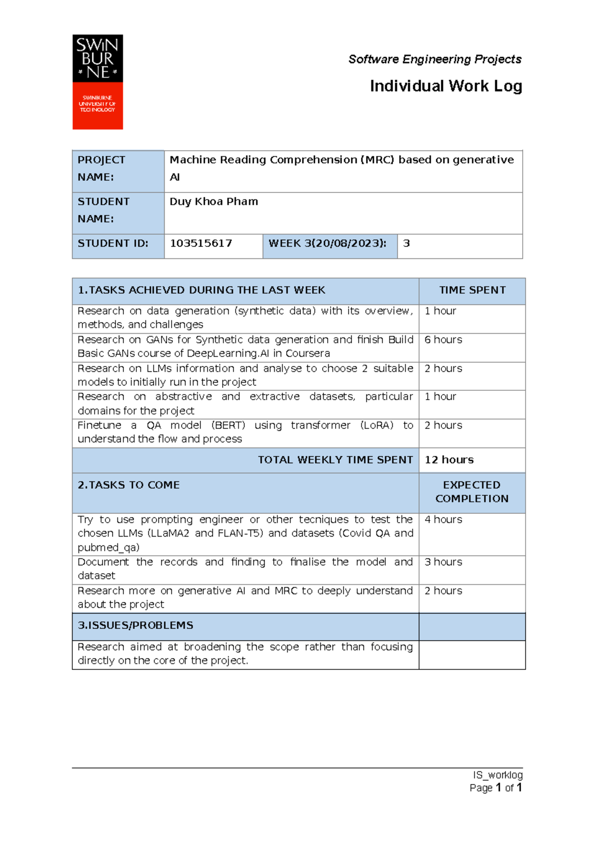 IS Worklog Week 3 - Software Engineering Projects Individual Work Log ...