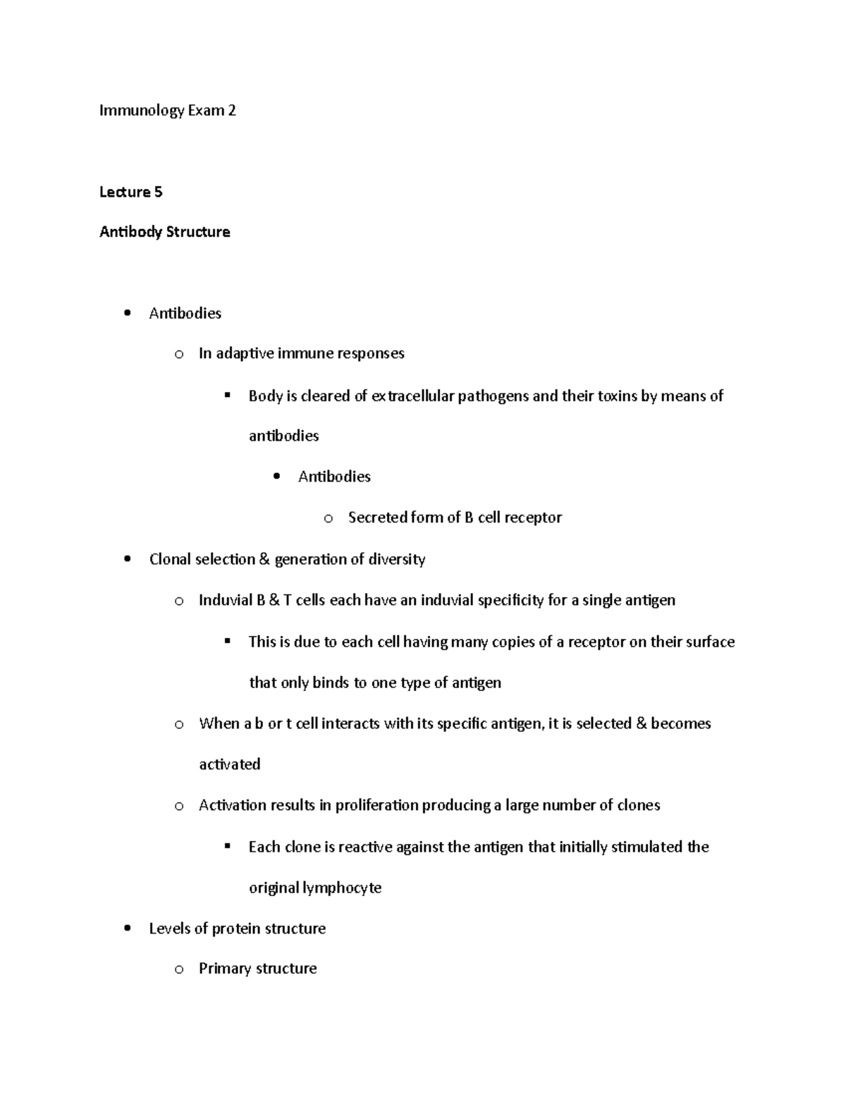 Immunology Exam 2 Notes - Immunology Exam 2 Lecture 5 Antibody