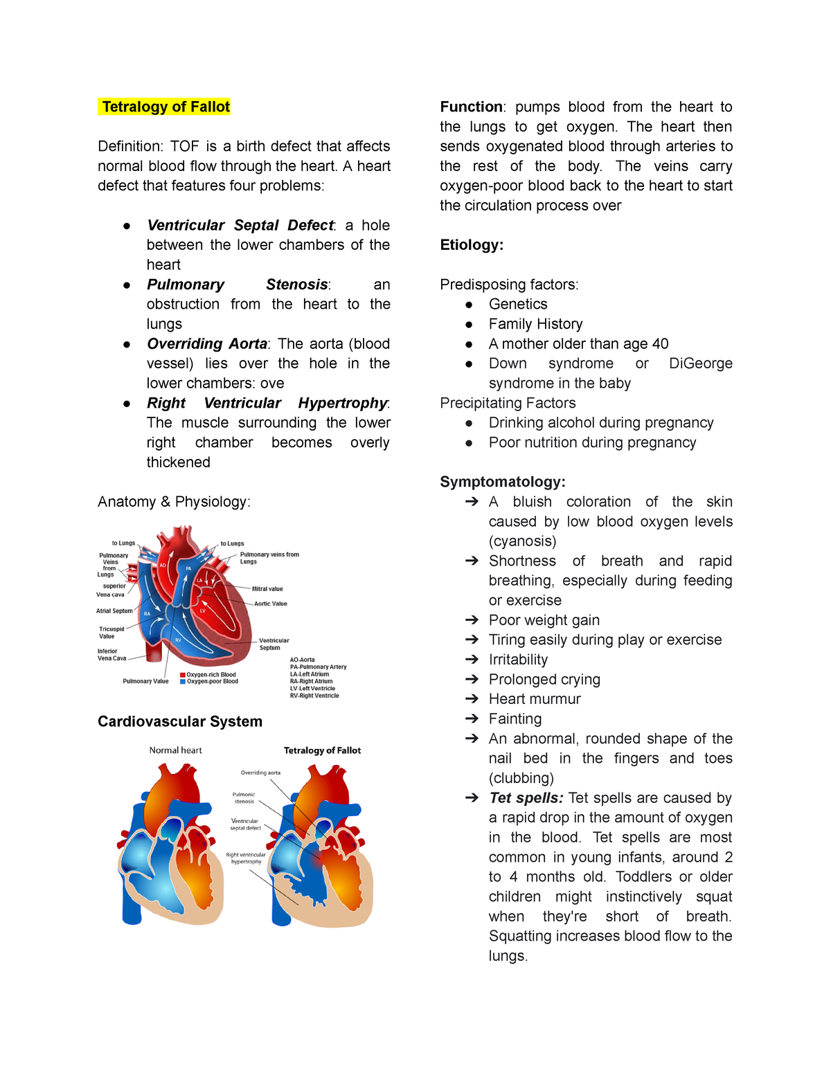 Medical Surgical Nursing - Tetralogy of Fallot Definition: TOF is a ...