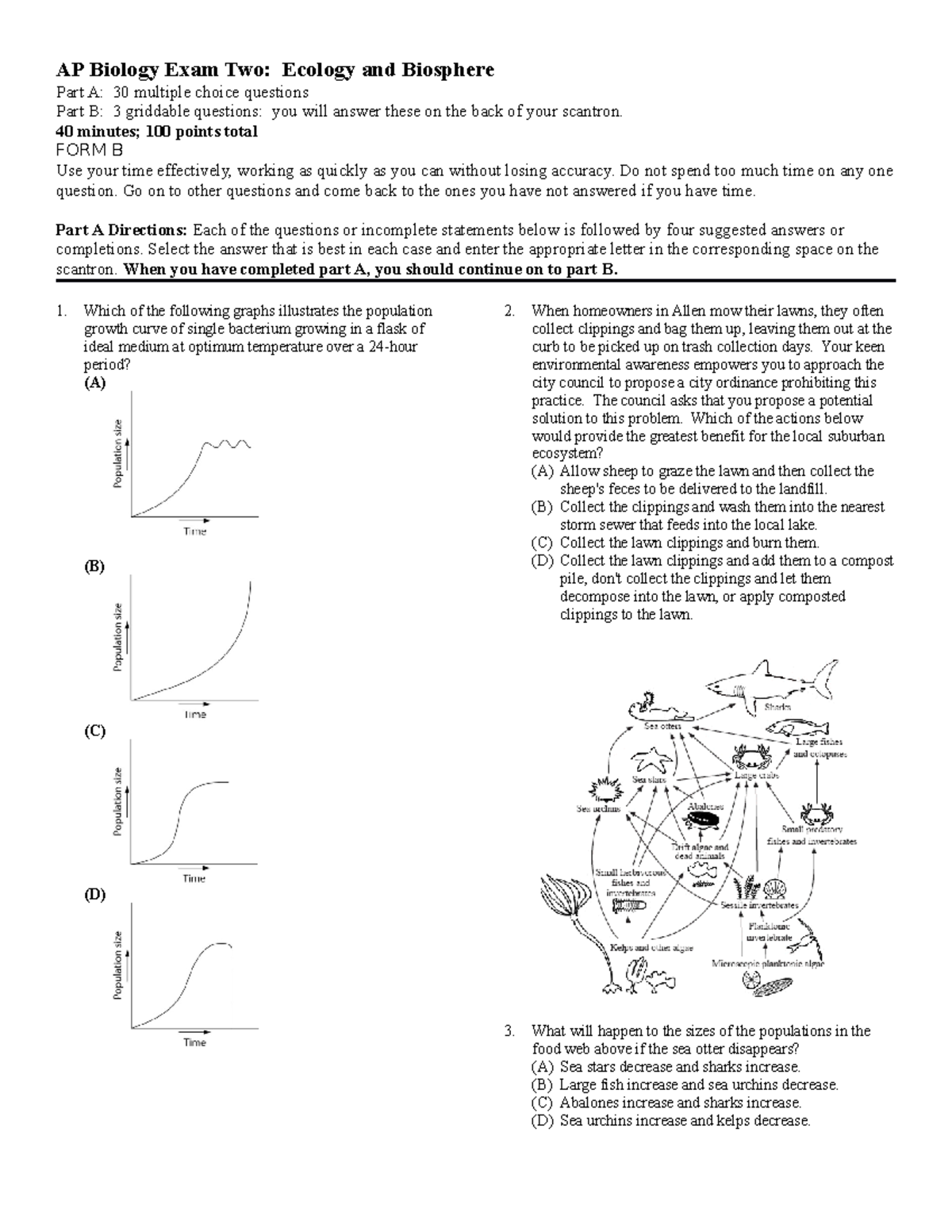 AP Biology Exam TwoEcologyB 2012 COPY AP Biology Exam Two Ecology