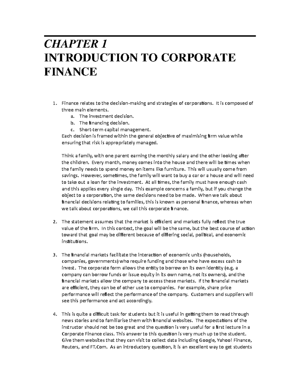 Chapter 1 - CHAPTER 1 INTRODUCTION TO CORPORATE FINANCE 1. Finance ...