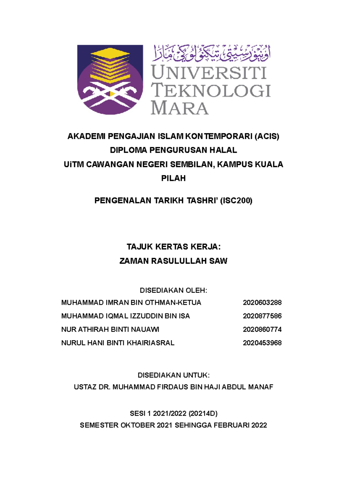 2020877586 IC120 3C1 Zaman Rasulullah SAW - AKADEMI PENGAJIAN ISLAM ...