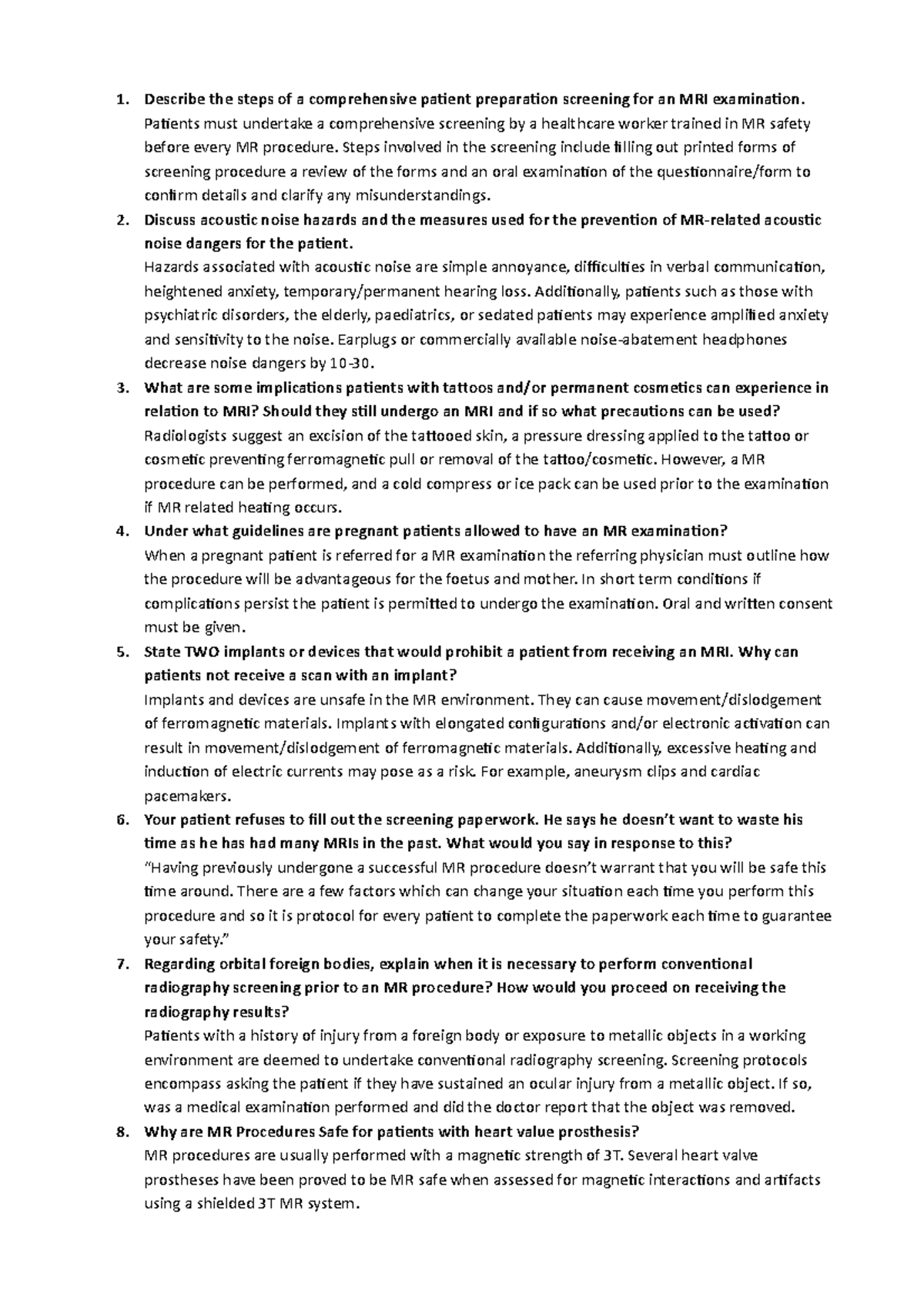 MRI Safety Questions Describe the steps of a comprehensive patient