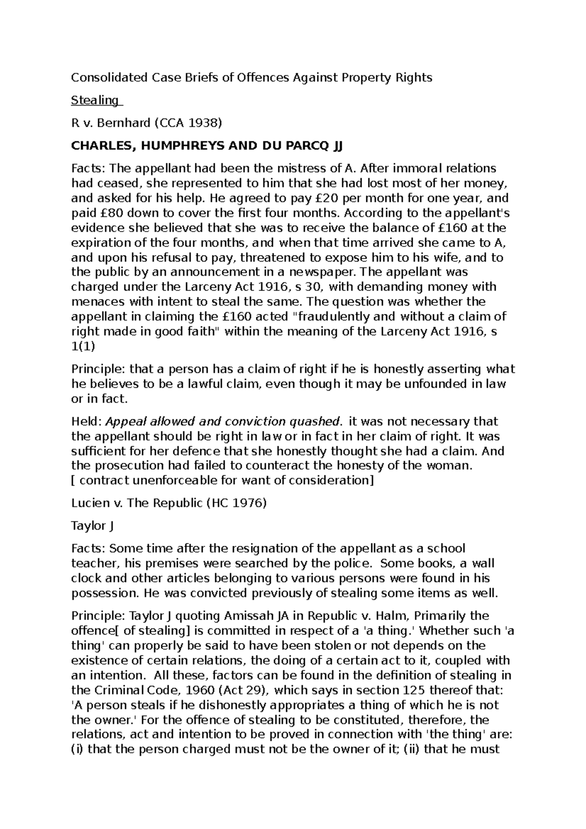 Consolidated Case Briefs of Offences Against Property Rights Bernhard