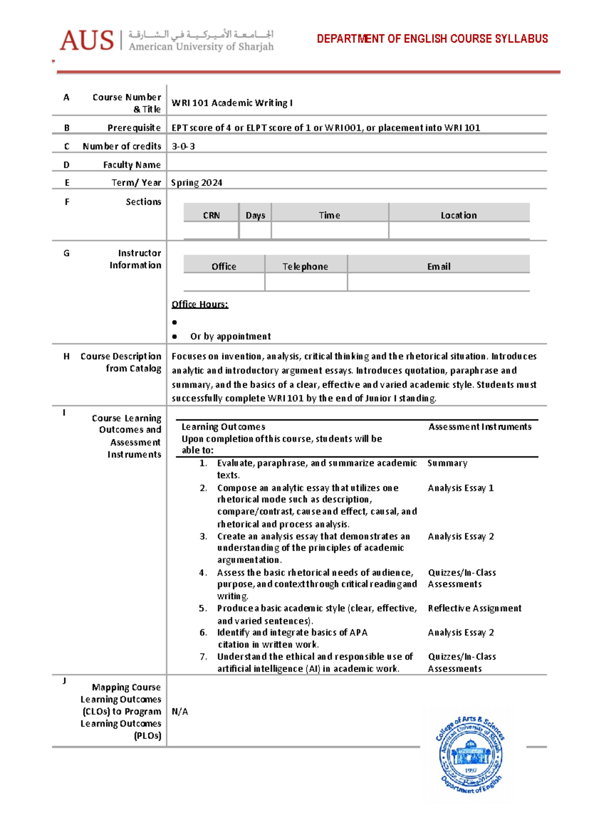 WRI 101 S24 Syllabus - A Course Number & Title WRI 101 Academic Writing ...