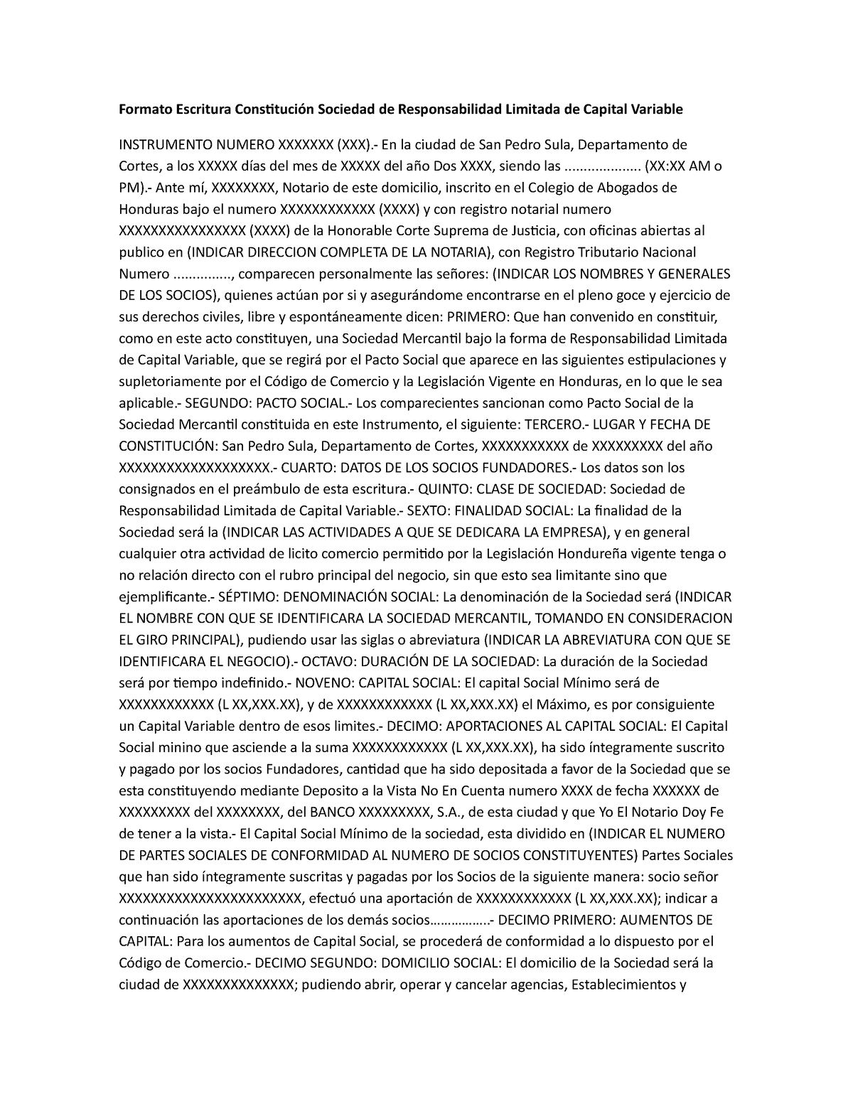 Formato Escritura Constitucion Sociedad De Responsabilidad Limitada De Capital Variable 9024