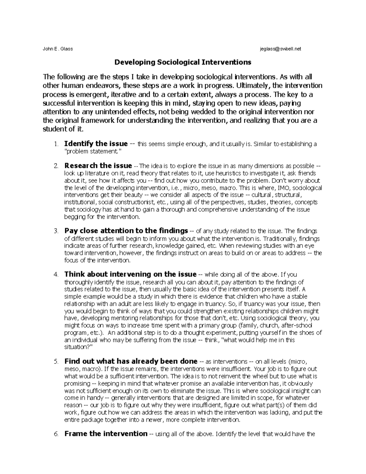 Reading 11 Glass How to Frame Sociological Interventions John E