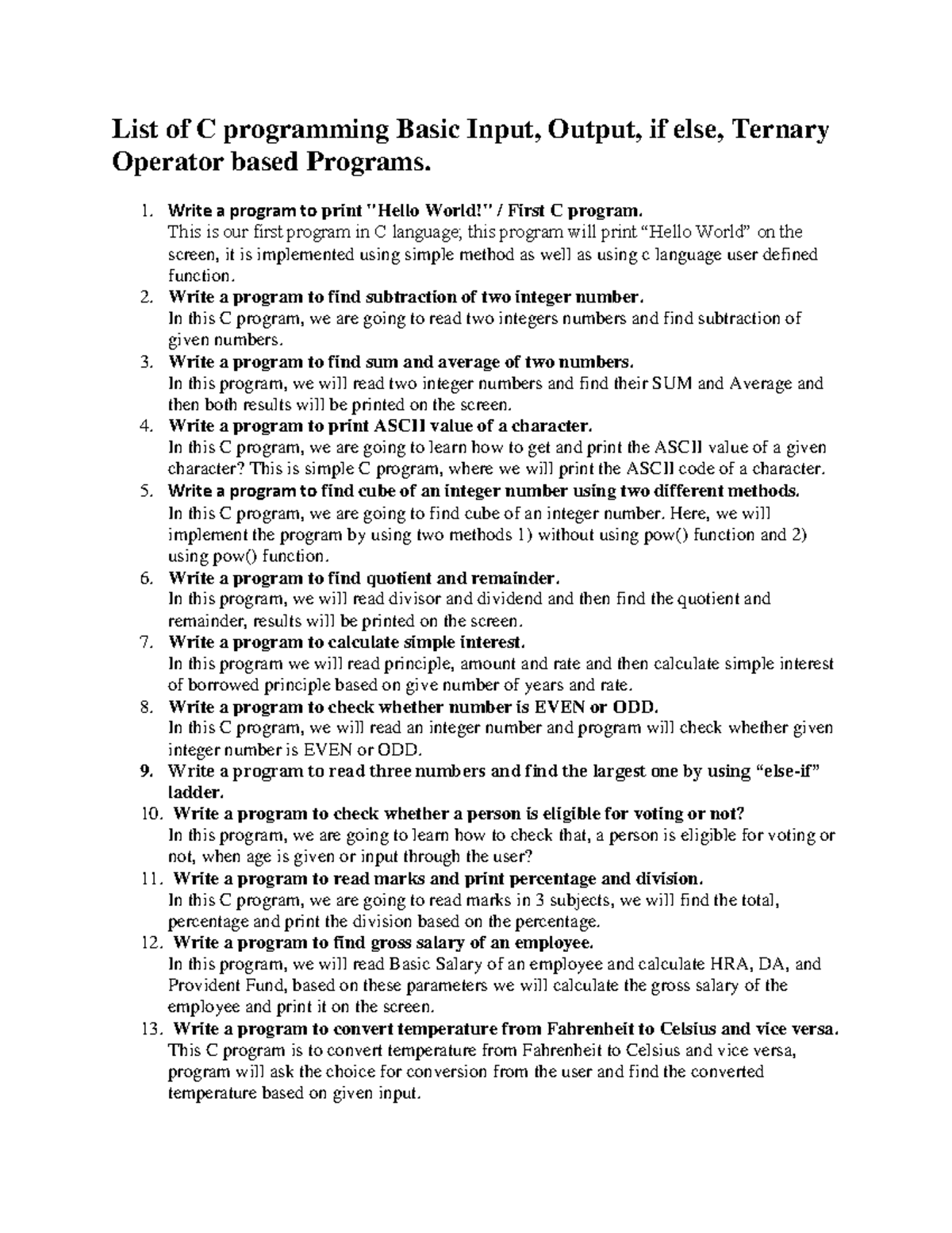 C -Programming Program - List of C programming Basic Input, Output, if ...