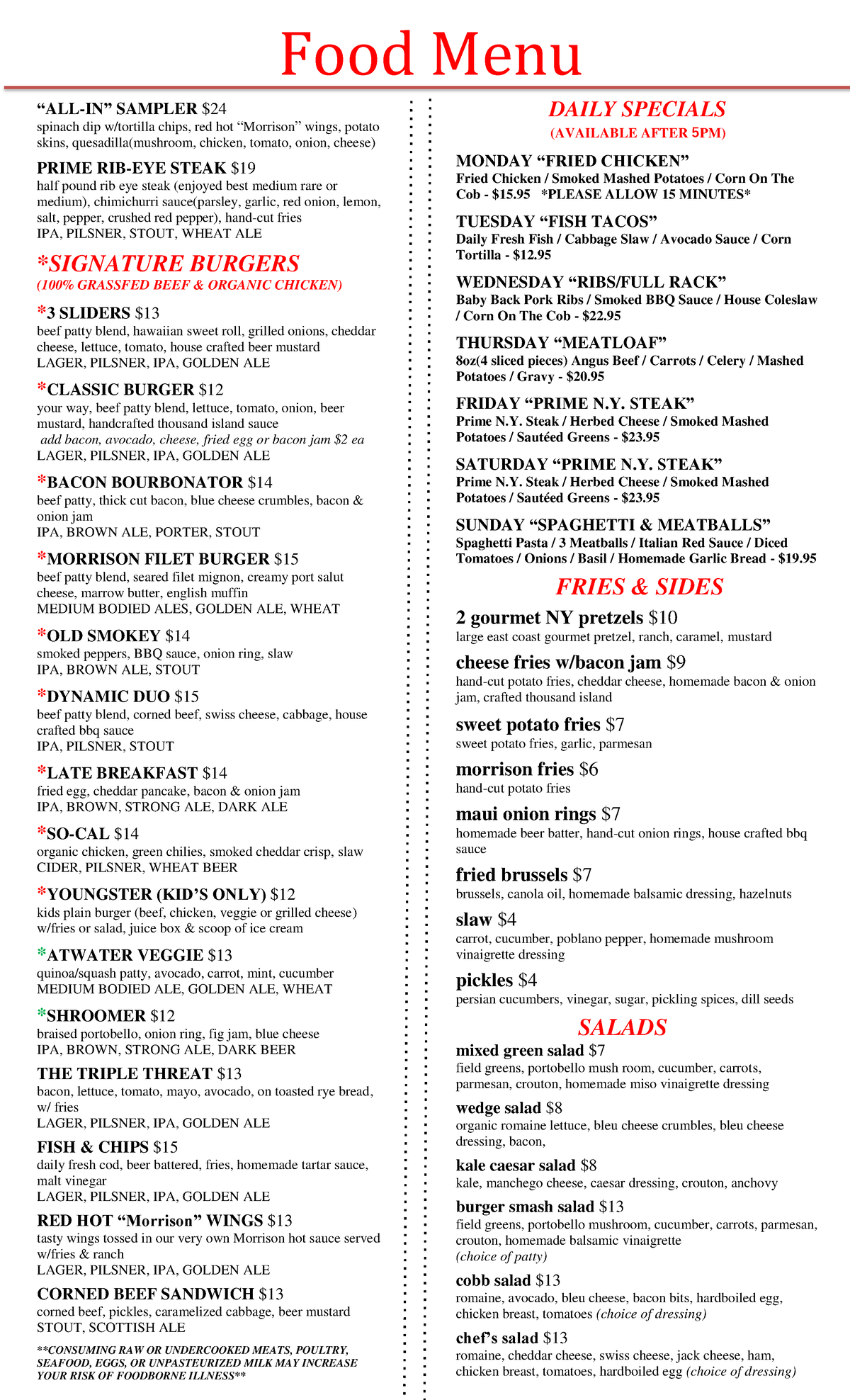 Morrisons Food Menu - “ALL-IN” SAMPLER $ spinach dip w/tortilla chips ...