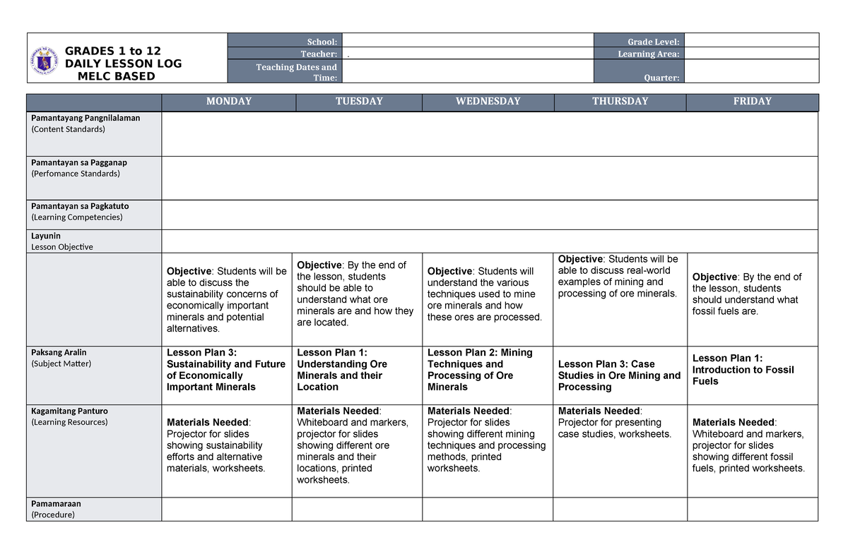 WEEK 4 - Lesson Plan - GRADES 1 to 12 DAILY LESSON LOG MELC BASED ...