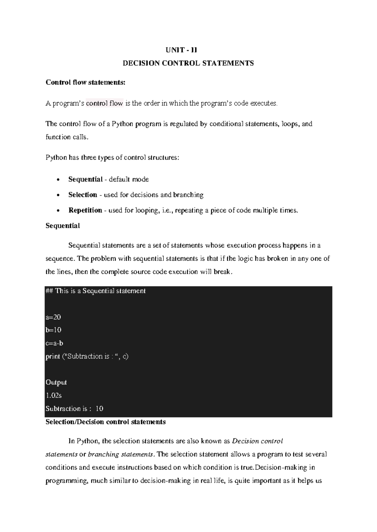 BPP UNIT-2 Notes - python - UNIT - II DECISION CONTROL STATEMENTS ...