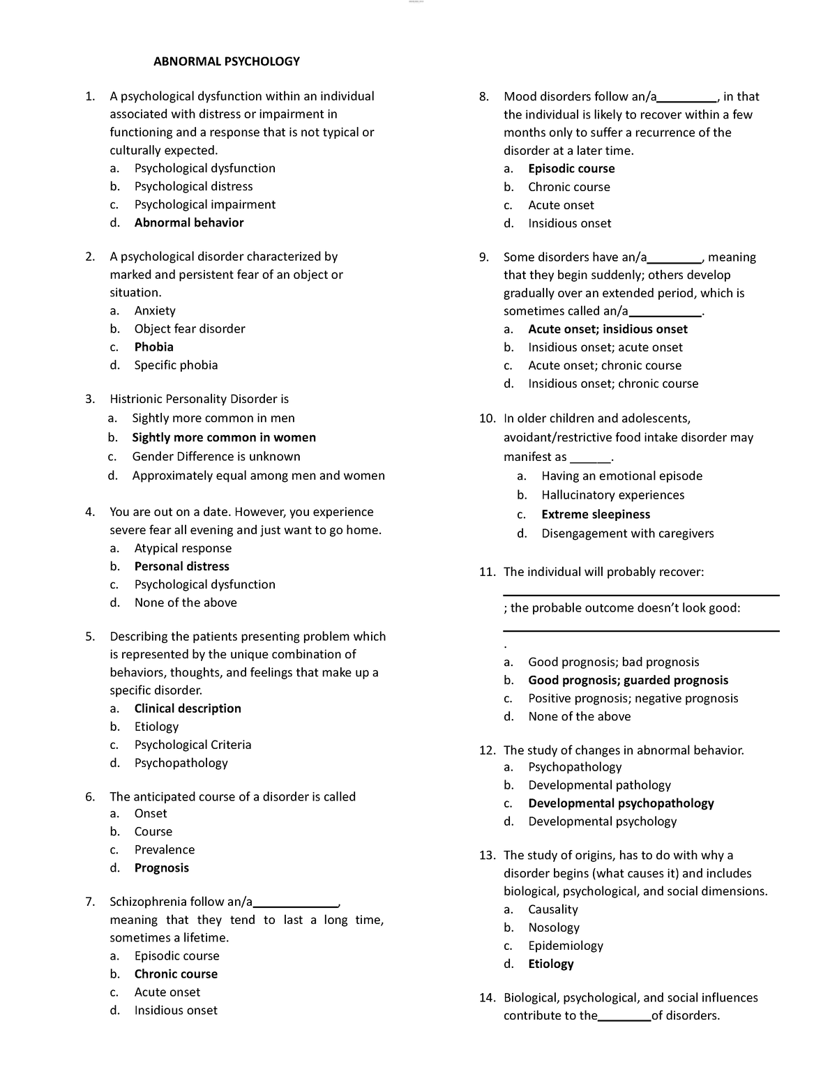 Ab Psy Quiz01 With Answer - ABNORMAL PSYCHOLOGY A Psychological ...